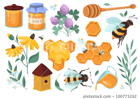Honey set graphic elements in flat design. Bundle of honey jars, honeycomb, flying bee, clover, different blooming flowers, wooden spoon, other beekeeping tools. Vector illustration isolated objects 100773282