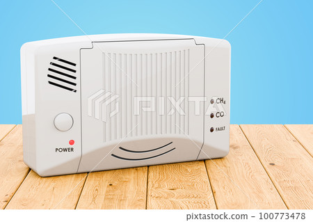 Carbon monoxide detector on the wooden table, 3D rendering Carbon monoxide detector on the wooden table, 3D rendering 100773478