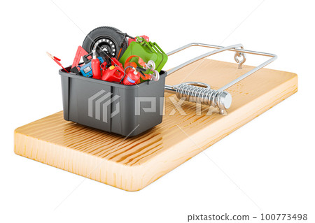 Plastic box full of car tools, equipment and accessories inside mousetrap. 3D rendering Plastic box full of car tools, equipment and accessories inside mousetrap. 3D rendering 100773498