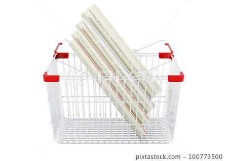 PVC pipes, composite pipe, uPVC pipe, cPVC pipe inside shopping basket, 3D rendering 100773500