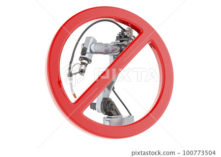 Robot welding with forbidden symbol, 3D rendering 100773504