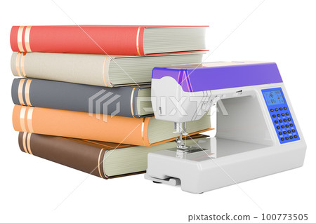 Sewing machine with books. Sewing courses concept, 3D rendering 100773505