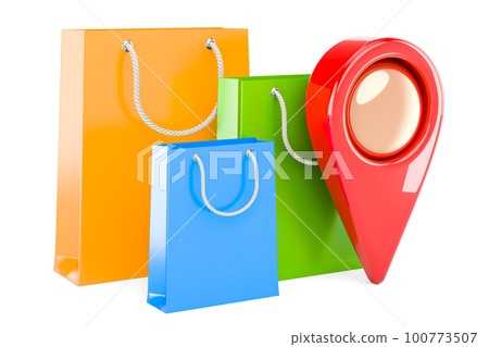 Shopping bags with map pointer, 3D rendering Shopping bags with map pointer, 3D rendering 100773507
