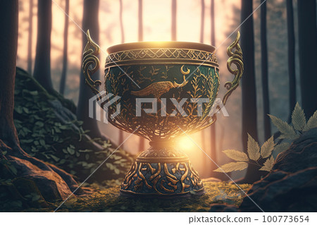 Holy grail chalice in landscape with sunset. Magic cup for spiritual ceremony. Fantasy item. Created with Generative AI 100773654