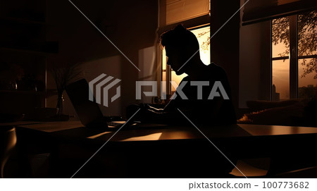 Man works from home use laptop at night, overwork burnout, freelancer works remote at home workplace. Created with Generative ai 100773682