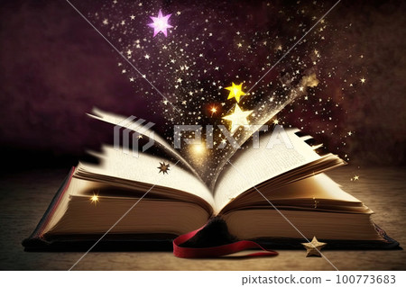 Open magical book with glowing lights over pages on abstract background. Fantasy reading. Created with Generative AI 100773683
