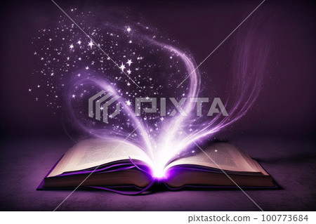 Open magical book with glowing lights over pages on abstract background. Fantasy reading. Created with Generative AI 100773684