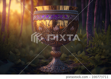 Holy grail chalice in landscape with sunset. Magic cup for spiritual ceremony. Fantasy item. Created with Generative AI 100773711