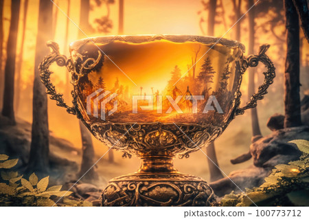Holy grail chalice in landscape with sunset. Magic cup for spiritual ceremony. Fantasy item. Created with Generative AI 100773712