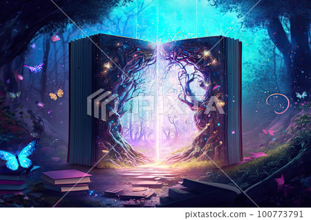 Open magical book with fantasy landscape over pages. Created with Generative AI Open magical book with fantasy landscape over pages. Created with Generative AI 100773791