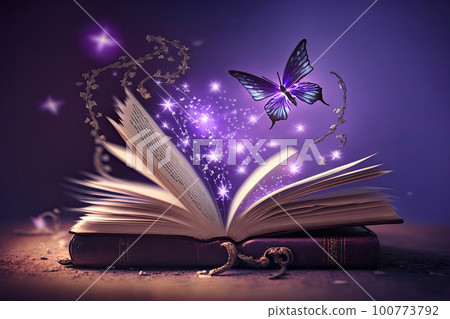 Open magical book with glowing lights over pages on abstract background. Fantasy reading. Created with Generative AI 100773792