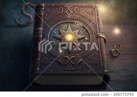 Magical book with glowing lights over pages on abstract background. Fantasy reading. Created with Generative AI Magical book with glowing lights over pages on abstract background. Fantasy reading. Created with Generative AI 100773793