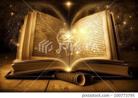 Open magical book with glowing lights over pages on abstract background. Fantasy reading. Created with Generative AI 100773795