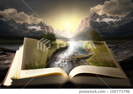 Open magical book with fantasy landscape over pages. Created with Generative AI 100773796