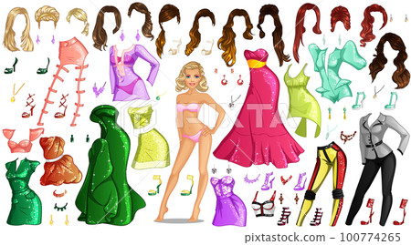 Cute Fashion Cartoon Paper Doll with Outfits, Hairstyles and Accessories. Vector Illustration 100774265