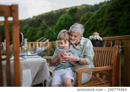 Little boy with his grandmother looking in smartphone during bbq party. 100774864
