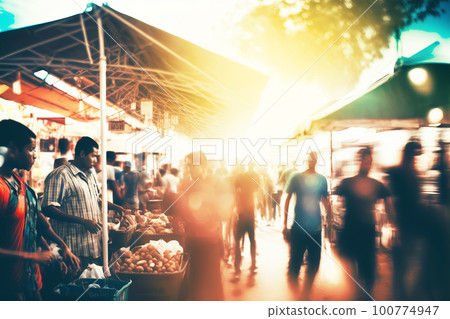 Crowded Street Food Market Blurred Background. Busy street shopping. Generative AI illustration Crowded Street Food Market Blurred Background. Busy street shopping. Generative AI illustration 100774947