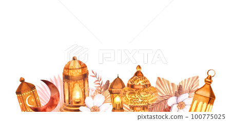 Watercolor frame template islamic object. Hand-drawn illustration isolated on white background. For islamic celebration day ramadan kareem, eid al fitr adha, arab design. Watercolor frame template islamic object. Hand-drawn illustration isolated on white background. For islamic celebration day ramadan kareem, eid al fitr adha, arab design. 100775025