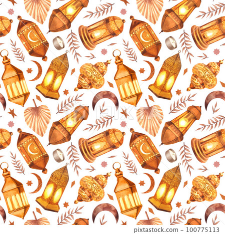 Watercolor painted seamless pattern islamic object. Hand-drawn illustration isolated on white background. For islamic celebration day ramadan kareem, eid al fitr adha, arab design. Watercolor painted seamless pattern islamic object. Hand-drawn illustration isolated on white background. For islamic celebration day ramadan kareem, eid al fitr adha, arab design. 100775113