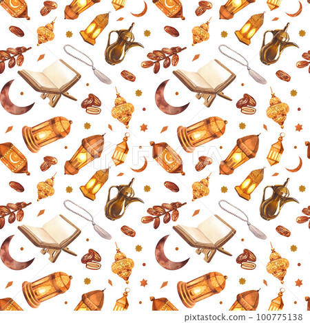 Watercolor painted seamless pattern islamic object. Hand-drawn illustration isolated on white background. For islamic celebration day ramadan kareem, eid al fitr adha, arab design. 100775138