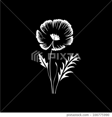 Poppy flower logo template, white icon of blossom poppy petals silhouette on black background, boutique logotype concept, cosmetic emblem, tattoo. Vector illustration Poppy flower logo template, white icon of blossom poppy petals silhouette on black background, boutique logotype concept, cosmetic emblem, tattoo. Vector illustration 100775990