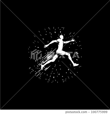 White icon of jumper silhouette on black background, sport logo template, jogging or jumping modern logotype concept, t-shirts print, tattoo, infographic. Vector illustration 100775999