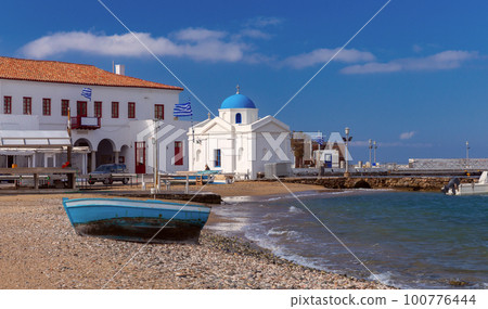 Fishing boats in the village harbor on the island of Mykonos. 100776444