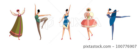 Young Woman Performing Different Folk Dances Moving Gracefully Vector Set 100776907