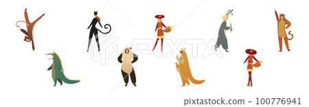 Man and Woman Character Wearing Animal Costume Participating in Masquerade and Celebrating Party Vector Set 100776941