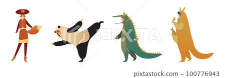 Man and Woman Character Wearing Animal Costume Participating in Masquerade and Celebrating Party Vector Set 100776943