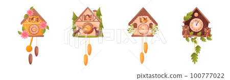 Wooden Cuckoo Clock with Hanging Pendulum Vector Set 100777022