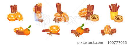 Dried Cinnamon Bark Strips or Sticks with Orange Slices and Sweet Bun Vector Set 100777033
