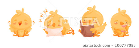 Funny Yellow Chicken Engaged in Different Activity Vector Set 100777083