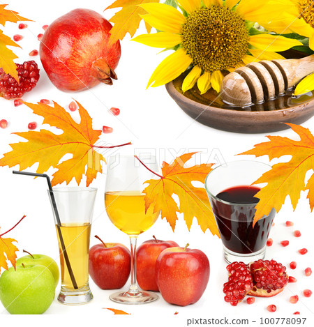 Honey, apple juice and pomegranate fruit isolated on white . Collage. 100778097