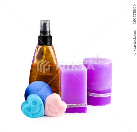 Lavender shampoo, soap and scented candles isolated on white . 100778099