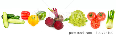 Set of vegetables isolated on white . Collage. Free space for text. Wide photo. 100778100