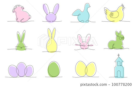 Easter continues one line pack. Vector stock illustration set isolated on white background for design template egg hunt, invitation, greeting card, menu. Editable stroke single line. EPS10 Easter continues one line pack. Vector stock illustration set isolated on white background for design template egg hunt, invitation, greeting card, menu. Editable stroke single line. EPS10 100778200