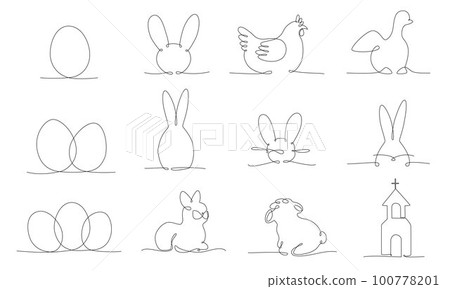 Easter continues one line pack. Vector stock illustration set isolated on white background for design template egg hunt, invitation, greeting card, menu. Editable stroke single line. EPS10 Easter continues one line pack. Vector stock illustration set isolated on white background for design template egg hunt, invitation, greeting card, menu. Editable stroke single line. EPS10 100778201