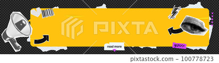 Vector collage grunge with stickers and ripped paper banner. 3d Loudspeaker announcing and eye crazy promotions. Doodle elements on retro poster. Stylish modern advertising poster design with space 100778723