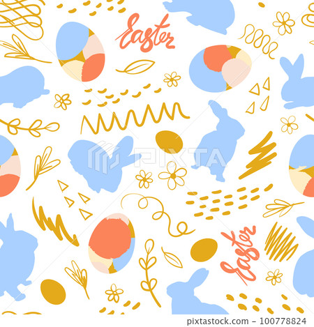 Silhouettes of easter bunny, chicken egg and floral scribble elements. Festive seamless pattern. Vector Silhouettes of easter bunny, chicken egg and floral scribble elements. Festive seamless pattern. Vector 100778824