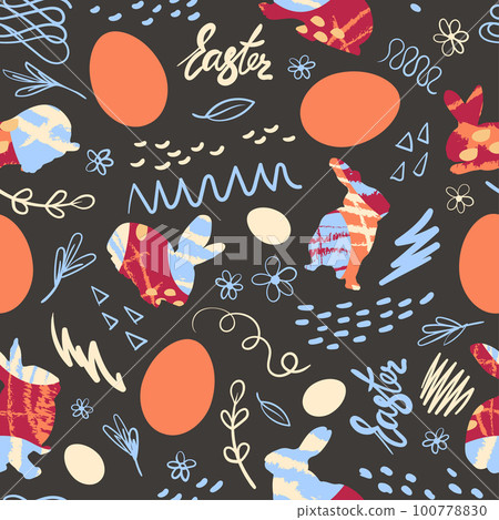 Easter bunny, chicken eggs and doodle with the inscription Easter. Festive seamless pattern. Vector 100778830