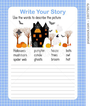 Write a story the English language grammar elementary level for kids, learning concept vector illustration, educational worksheet describe a picture using topical vocabulary words Halloween holiday Write a story the English language grammar elementary level for kids, learning concept vector illustration, educational worksheet describe a picture using topical vocabulary words Halloween holiday 100779079