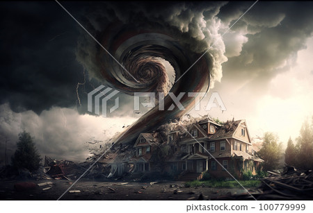 Tornado storm destroying houses, strange hurricane twister hits city, generative AI 100779999