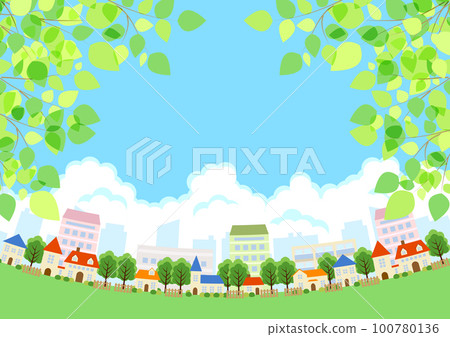 Fresh green early summer cityscape background horizontal 100780136