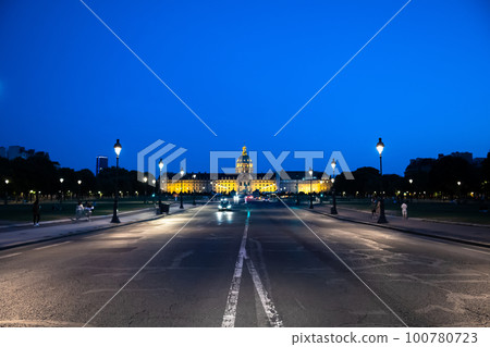 Illuminated Church Dome Of Les Invalides In The Night In Paris, France 100780723