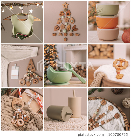 Collage of nine Christmas New Year photos with eco baby accessories. Silicone crockery, wooden teethers, pacifier holder Collage of nine Christmas New Year photos with eco baby accessories. Silicone crockery, wooden teethers, pacifier holder 100780735