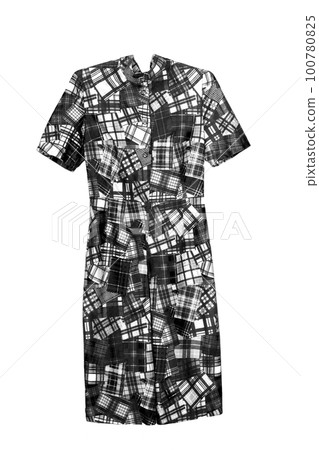 Elegant midi dress with abstract geometric colored pattern, isolated on white background.Photo on the crossbar and shoulders-hangenrs. Elegant midi dress with abstract geometric colored pattern, isolated on white background.Photo on the crossbar and shoulders-hangenrs. 100780825