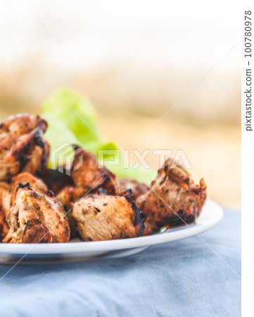 Pieces of meat-shish kebab on a white plate with a green salad Pieces of meat-shish kebab on a white plate with a green salad 100780978