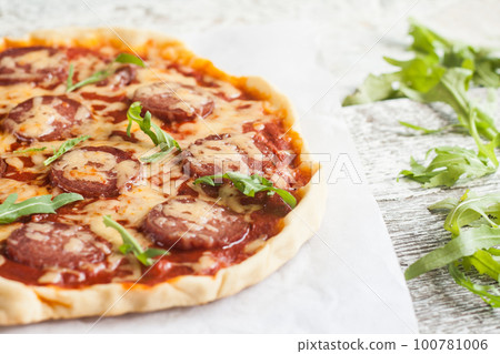 homemade pizza with salami, tomatoes and herbs homemade pizza with salami, tomatoes and herbs 100781006