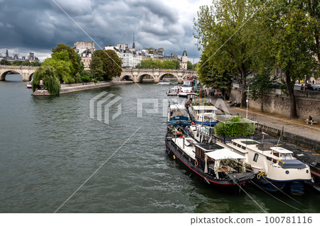 River Seine With Tourist Boat and Bridge Pont Neuf In Front Of Cathedral Notre Dame On Ile De La Cite In Paris, France 100781116